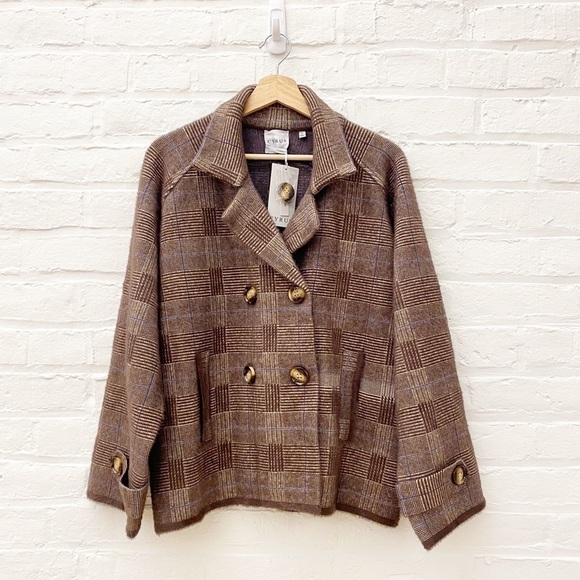 CyrusDouble Breasted Sweater Jacket Coatigan Kingston Plaid Brown M NWT,All Products : American Fashion Style Bags On Sale